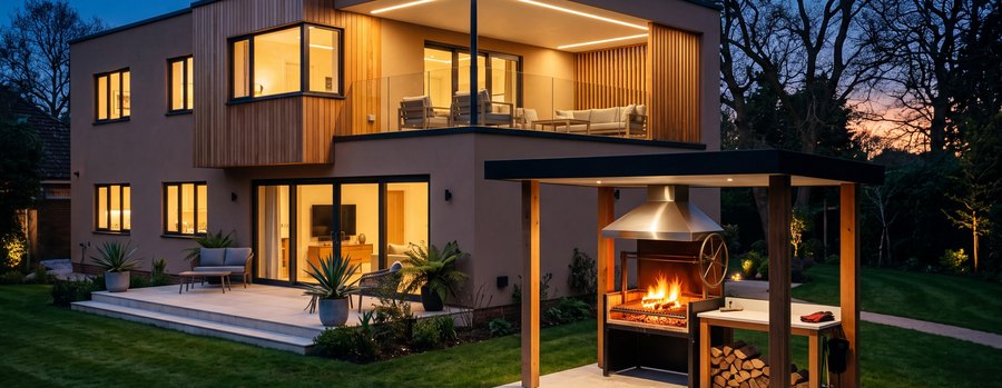 The grill terrace at night, six feet from the house