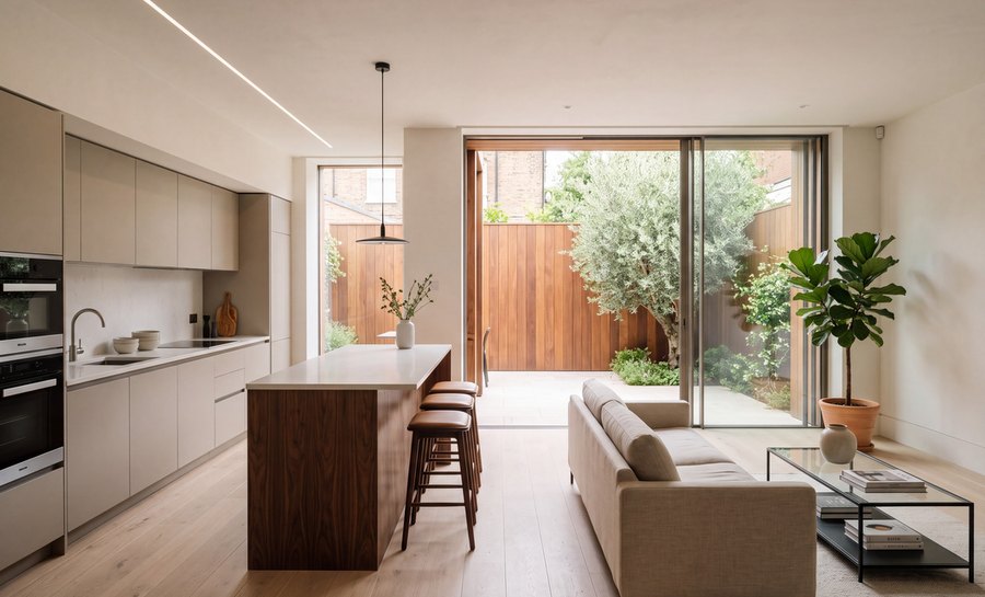Kitchen and living space opening to the walled patio