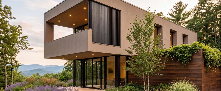 A two-storey house with a cantilevered upper volume
