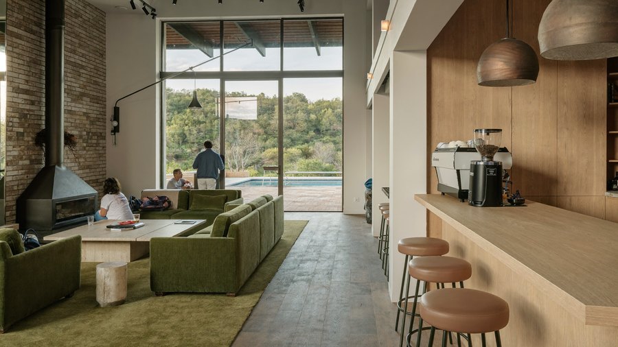 Coffee bar and lounge with fireplace