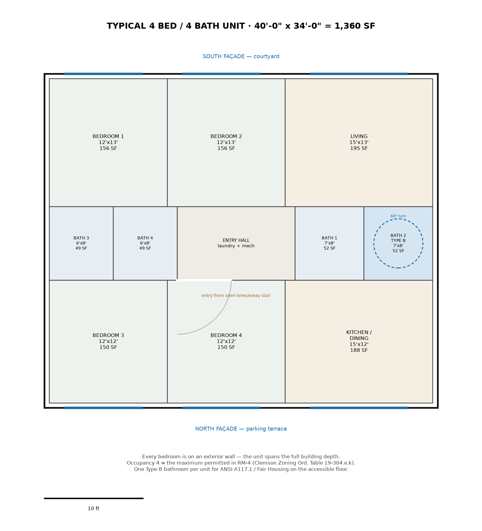 Typical four bedroom four bathroom unit plan