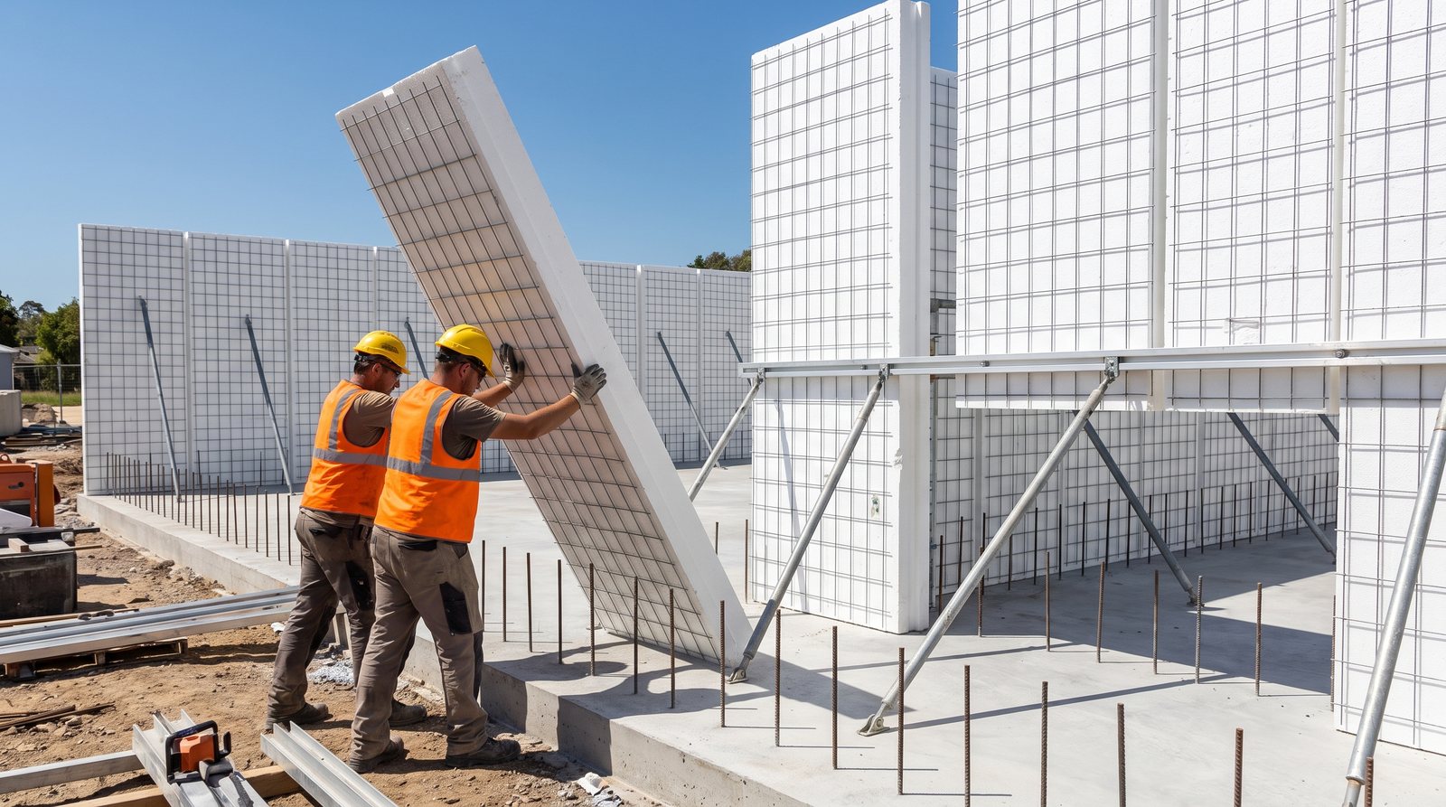 Two workers setting a panel over the starter bars