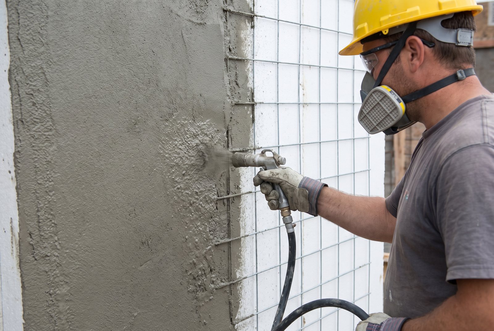 Structural mortar being sprayed onto the mesh face of a panel wall